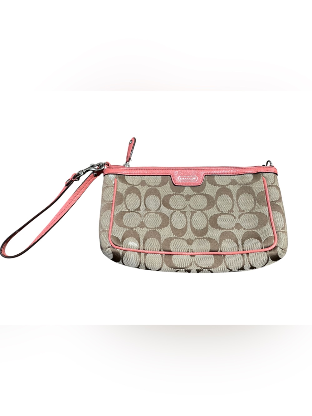 Coach Khaki Signature Canvas Wristlet with leather Trim